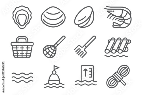 Shellfish Production Icons. Line style icons of Shellfish Production: Oyster, Clam, Mussel, Shrimp; Basket, Net, Rake, Raft; Water