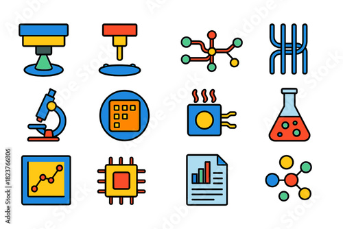 Nano Fabrication Icons. Flat vector icons of Nano Fabrication: Lithography Tool, Electron Beam, Circuit, Nanowire, Microscope,