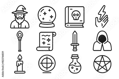 Sword and Sorcery Icons. Line style icons of sword and sorcery: warlock, crystal ball, ancient tome, curse; magic staff, spell