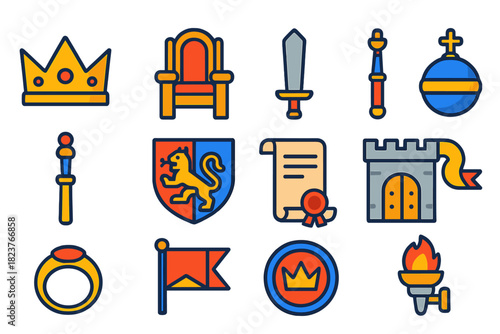 Medieval Royal Icons. Flat vector icons of Medieval Kingship: king’s crown, castle throne, knight’s sword, royal orb, sceptre,
