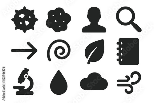 Aerobiology Icons Collection. Solid style icons of aerobiology and airborne particles: pollen grain, dust particle, human