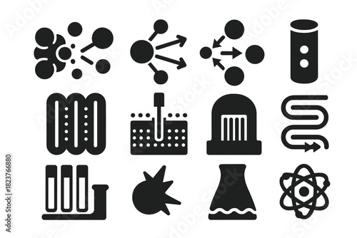 Nuclear Fission Icons. Solid style icons of nuclear fission: splitting nucleus, chain reaction, neutron emission, fuel pellet,