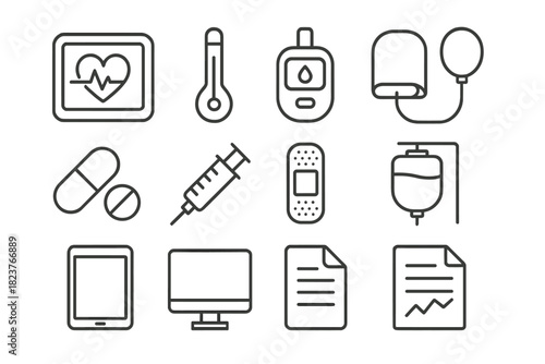 Patient Monitoring Icons. Line style icons of Patient Monitoring: Heart Monitor, Thermometer, Glucometer, Blood Pressure Cuff;