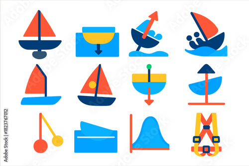Sailing Stability Icons. Flat vector icons of sailing stability: weighted keel, ballast diagram, righting moment arrow, heel angle