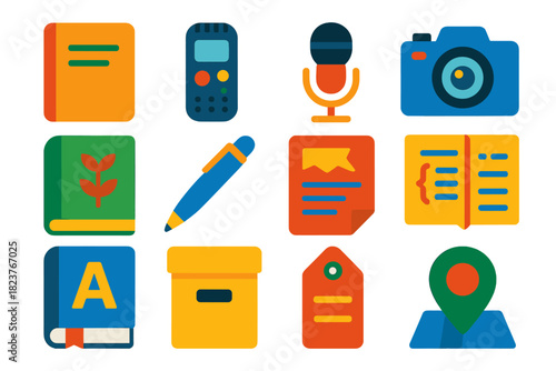 Language Documentation Icons. Flat vector icons of language documentation: notebook, audio recorder, microphone, camera, field