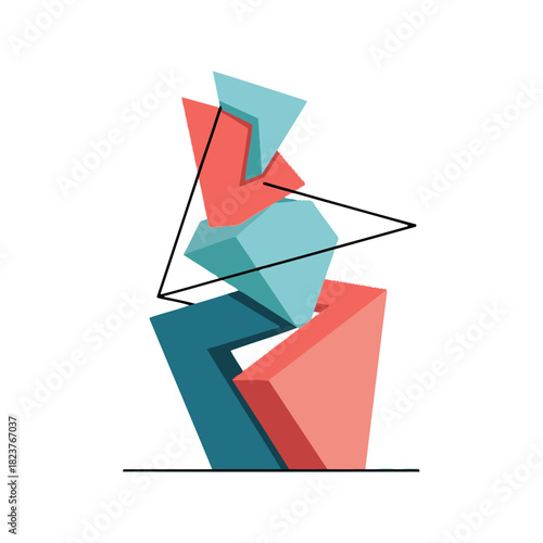Abstract geometric shapes balanced in a modern sculpture. A minimalist composition of creative vector art on a white background