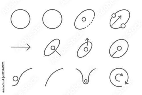 Orbital Mechanics Icons. Line style icons of orbital mechanics: circular orbit, elliptical orbit, decaying orbit, transfer path;
