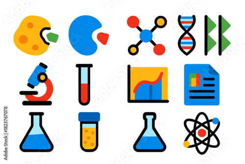 Protein Analysis Icons. Flat vector icons of Protein Analysis: Enzyme, Active Site, Molecular Bond, Helix, Beta Sheet, Microscope,