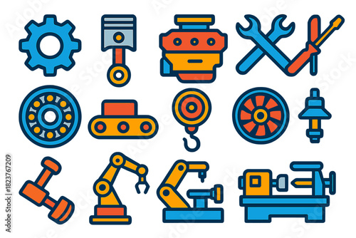 Mechanical Engineering Icons. Flat vector icons of mechanical engineering: gear, piston, engine, wrench, screwdriver, bearing,
