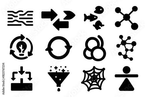 Information Ecology Icons. Solid style icons of information ecology: data stream, competing arrows, predator-prey concept, network