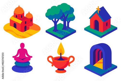 Silent History Icons. Isometric vector illustration set History of silence: desert monasteries, sacred groves, quiet chapels,