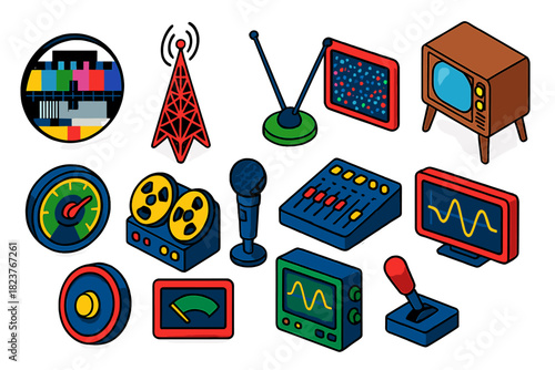 Analog Broadcast Elements. Isometric vector illustration set Analog Broadcast: circular test pattern card, lattice broadcast tower