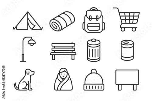 Line Style Homeless Icons. Line style icons of Homelessness: Tent, Sleeping Bag, Backpack, Cart; Streetlight, Bench, Trash Bin,