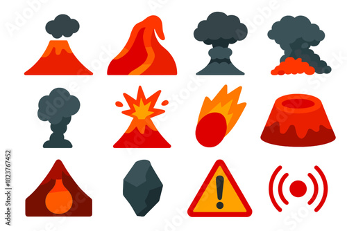 Volcano Icon Set. Flat vector icons of Volcanic Eruptions: Volcano, Lava Flow, Ash Cloud, Pyroclastic Flow, Smoke, Explosion, Lava