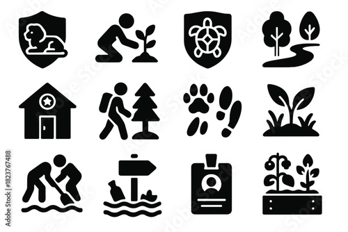 Conservation Icons. Solid style icons of conservation programs: wildlife reserve, tree planting, protected species, nature trail,