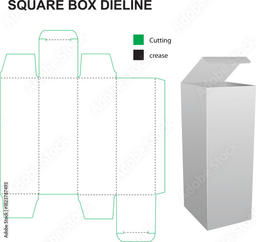 Editable Square Box Keyline with Cutting and Crease Lines, Square Box Packaging Dyeline