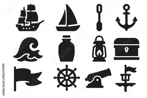 Ocean Voyage Icons. Solid style icons of Ocean Voyages: Ship, Sail, Oar, Anchor, Wave, Cargo Jar, Lantern, Chest, Banner, Helm,