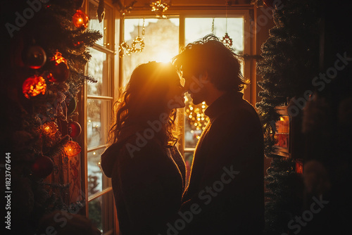 Romantic winter holiday kiss under mistletoe with couple in love during snowfall and Christmas decor, generative ai