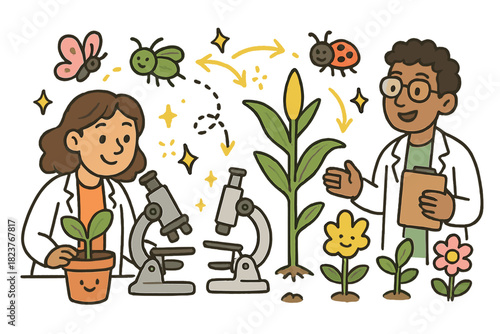 Cheerful Agroecology Lab. Adorable doodle agroecology research lab with smiling researchers, cartoon plants and insects floating,