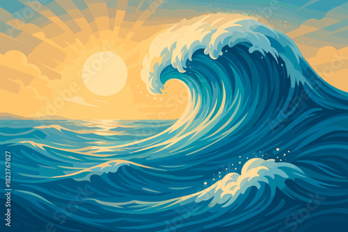 Illuminated Ocean Wave. Scenic view of a massive ocean wave illuminated vector illustration by soft sunlight, vibrant blue and