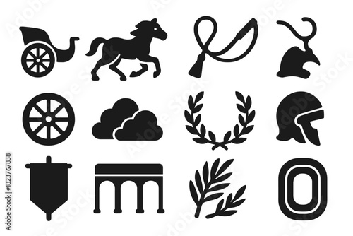 Chariot Racing Icons. Solid style icons of Chariot Racing: Chariot, Horse, Reins, Whip, Wheel, Sand Cloud, Laurel, Helmet, Banner,