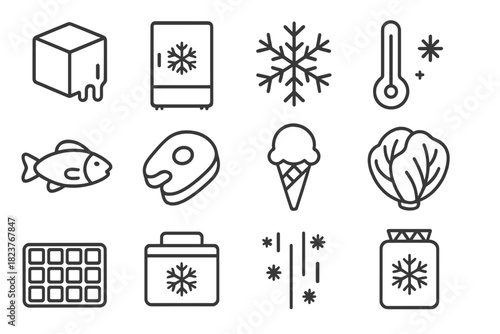Cold Storage Icons. Line style icons of Cold Storage: Ice Block, Freezer, Snow, Thermometer; Frozen Fish, Meat, Ice Cream,