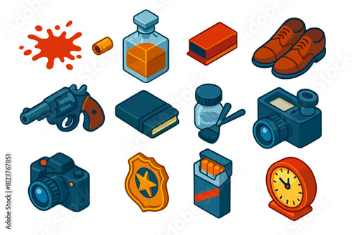 Noir Investigation Icons. Isometric vector illustration set Noir Investigation: splattered blood mark, ejected bullet casing,