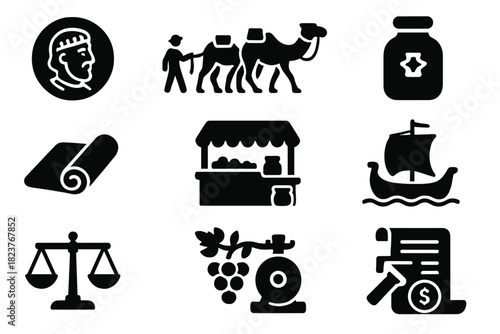 Byzantine Economy Icons. Solid style icons of Byzantine economy: gold solidus coin, merchant caravan, spice jar, silk bolt, market