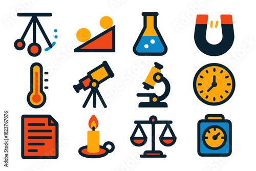 Historical Experiment Icons. Flat vector icons of Historical Experiments: Pendulum, Galileo’s Ball, Chemistry Flask, Magnet,