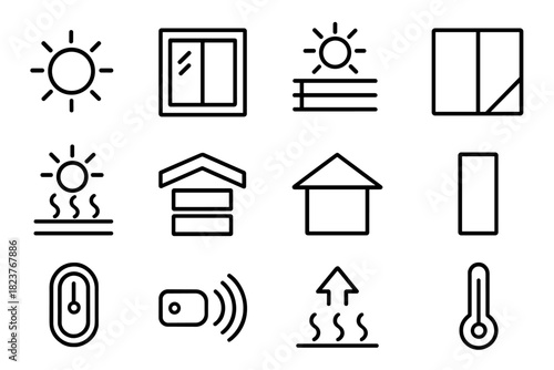 Passive Solar Icons. Line style icons of Passive Solar: Sunlight, Window, Shading, Glass; Solar Gain, Thermal Mass, Roof, Wall;