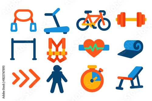 Space Exercise Icons. Flat vector icons of exercise in space: resistance band, treadmill, bicycle, dumbbell, pull-up bar, harness,