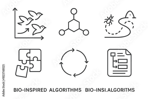 Bio-Inspired Algorithm Icons. Line style icons of Bio-Inspired Algorithms: flocking behavior chart, stigmergy symbol, foraging