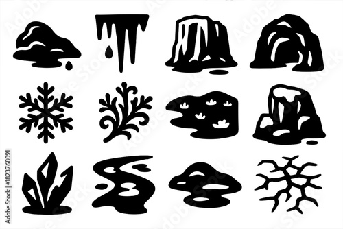 Frozen Landscape Icons. Solid style icons of Frozen Landscapes: Snow Drift, Icicle, Glacier Face, Ice Cave, Snowflake, Frost