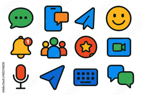 Colorful Messaging Icons. Flat vector icons of Messaging Apps: Chat Bubble, Smartphone, Send Icon, Emoji, Notification Bell, Group
