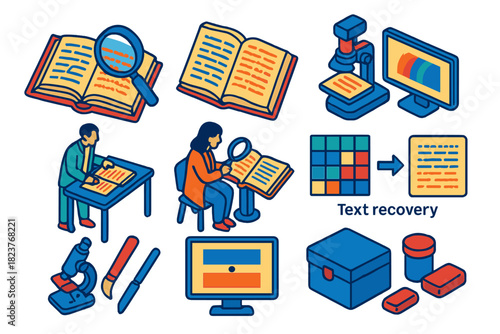 Ancient Manuscript Exploration. Isometric vector illustration set Palimpsest studies: ancient manuscripts, erased text layers,