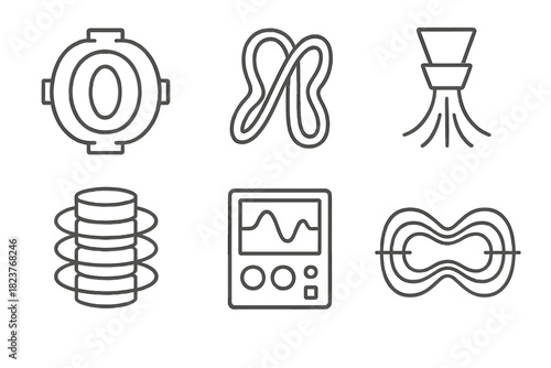 Plasma Device Icons. Line style icons of Experimental Plasma Devices: spheromak core, stellarator loops, plasma injector nozzle,