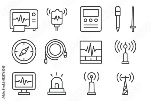 Seismic Instruments Icons. Line style icons of Seismic Instruments: Seismometer, Vibration Sensor, Data Logger, Ground Probe;