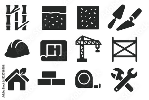 Sustainable Construction Icons. Solid style icons of Sustainable Construction Techniques: bamboo structure, rammed earth,