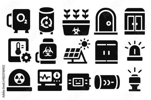 Colony Life Support Icons. Solid style icons of colony life support: oxygen generator, water recycler, hydroponic farm, airlock,