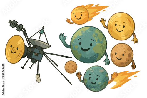 Voyager's Cosmic Farewell. Voyager spacecraft flying with smiling golden records, planets waving goodbye, and comets guiding the