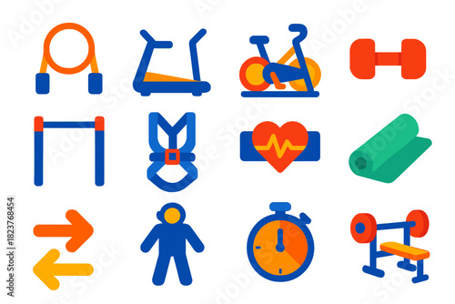 Space Exercise Icons. Flat vector icons of exercise in space: resistance band, treadmill, bicycle, dumbbell, pull-up bar, harness,
