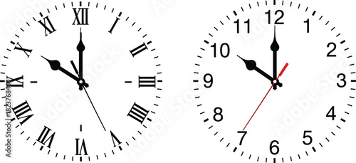 Two clock faces showing ten o clock on white background