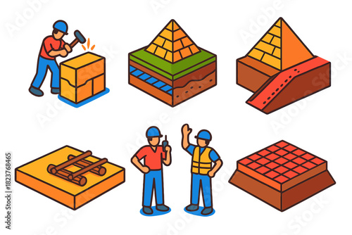 Pyramid Construction Methods. Isometric vector illustration set Geotechnical engineering of pyramids: limestone cutting, soil