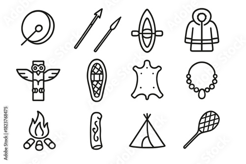 Indigenous Arctic Icons. Line style icons of Indigenous Arctic Life: Drum, Harpoon, Kayak, Fur Coat; Totem, Snowshoe, Seal Skin,