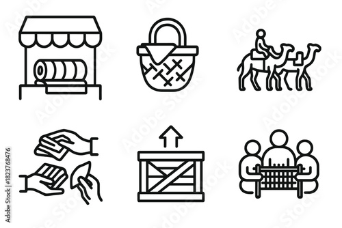 Textile Market Icons. Line style icons of Textile Market and Trade: fabric bolt stall, market basket with cloth, trade caravan