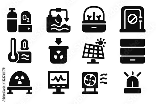 Colony Life Support Icons. Solid style icons of colony life support: oxygen generator, water recycler, hydroponic farm, airlock,