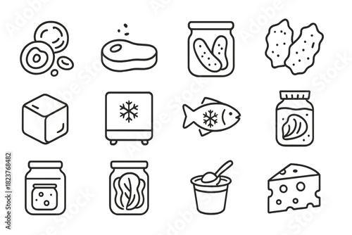 Food Preservation Icons. Line style icons of Food Preservation: Dried Fruit, Salted Meat, Pickles, Jerky; Ice Cube, Freezer,