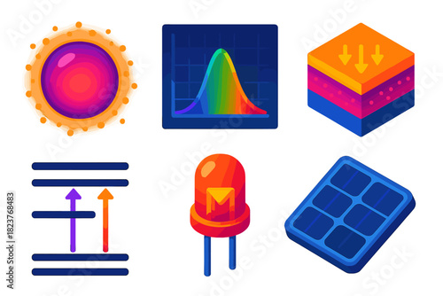 Quantum Dots Vibrance. Isometric vector illustration set Quantum Dots: glowing nanocrystal, emission spectrum chart, semiconductor