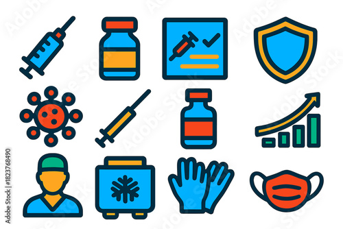 Vaccine Icon Set. Flat vector icons of vaccines: syringe, vaccine vial, immunization card, shield icon, virus symbol, injection