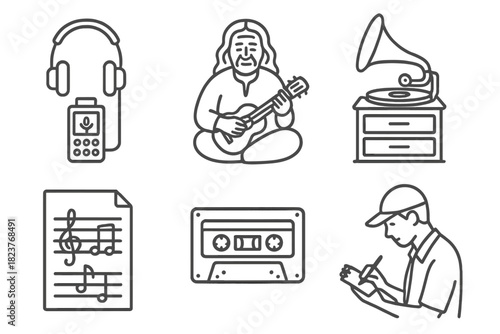 Indigenous Music Icons. Line style icons of Indigenous Music Documentation: oral tradition recording, elder with instrument,